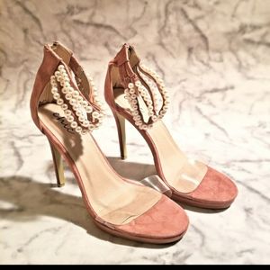 Pink Blush Suede Clear Perspex Ankle Pearl Straps